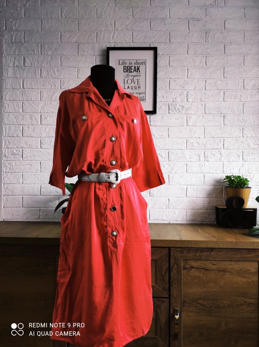 Сукня плаття сукня-сорочка  червоний алий шовк вінтаж міді,m,l,3