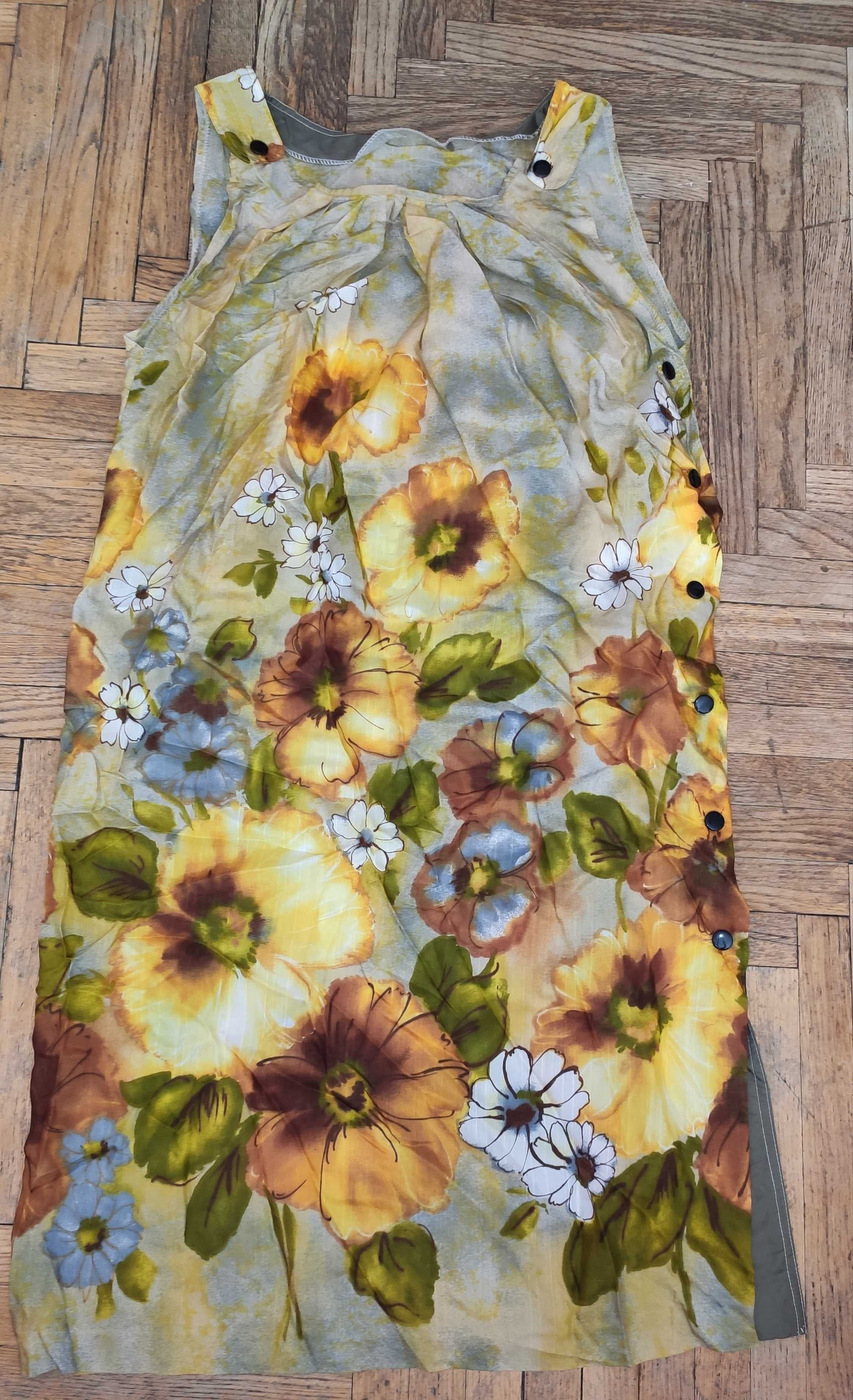 Sukienka retro vintage duże kwiaty tunika jak malowana drukowana S M