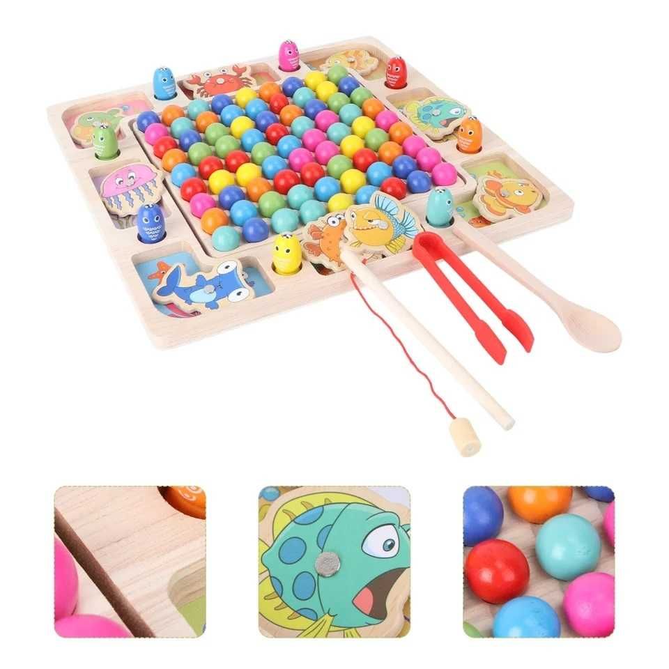 Drewniana gra 3w1 - Mozaika, Bubble Shooter, Rybki
