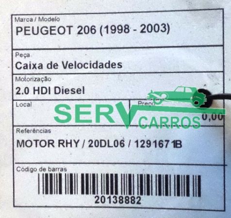 Caixa de velocidades manual PEUGEOT 206 (2A/C)