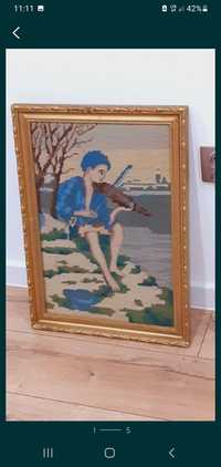 Obraz haftowany Chłopiec grający na skrzypcach bardzo ładny  z prl