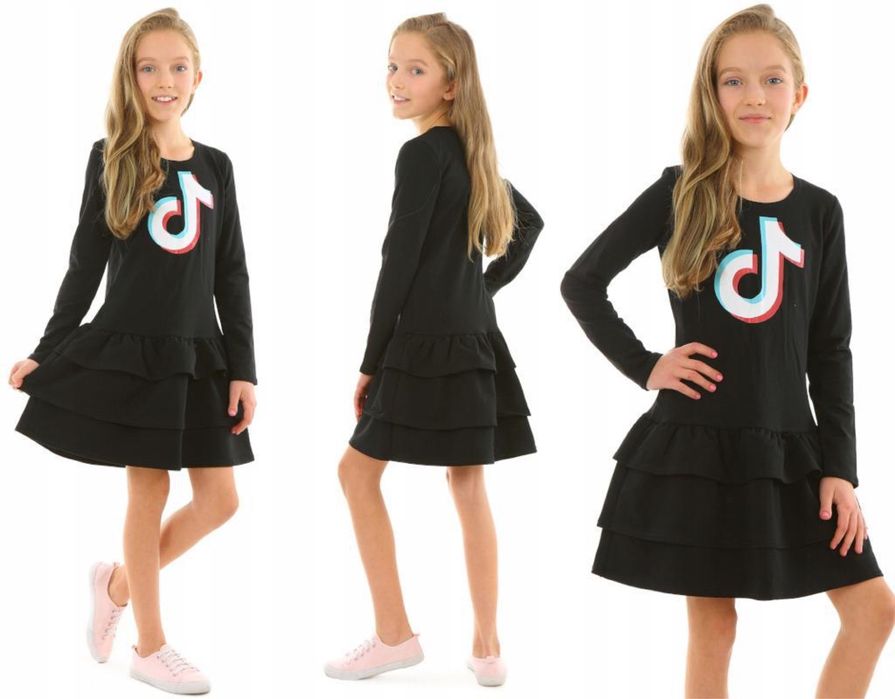 Sukienka czarna z falbankami logo TIK TOK 128, 134, 140, 146, 152