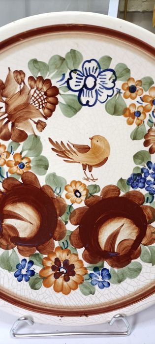 Fajans Włocławek duży malowany talerz z ptaszkiem 31 cm