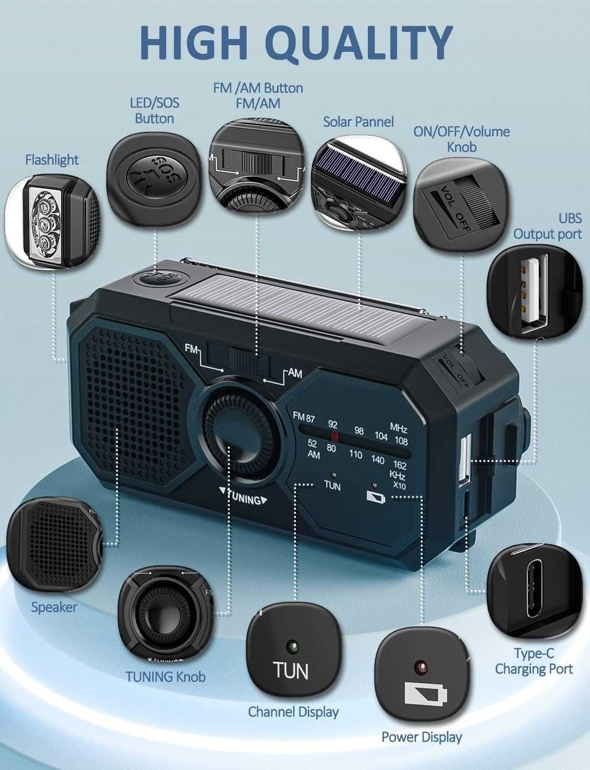 Radio de manivela solar com bateria