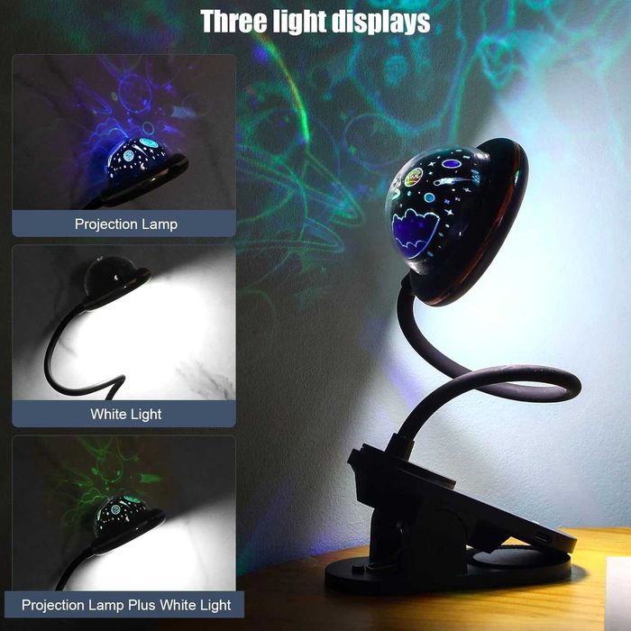 Lampka nocna dla dzieci zaciskowa, lampka biurkowa, projekcja gwiazd