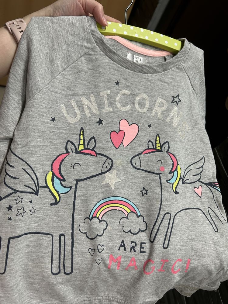 Bluza jednorożec 128 szara z brokatem Pepco