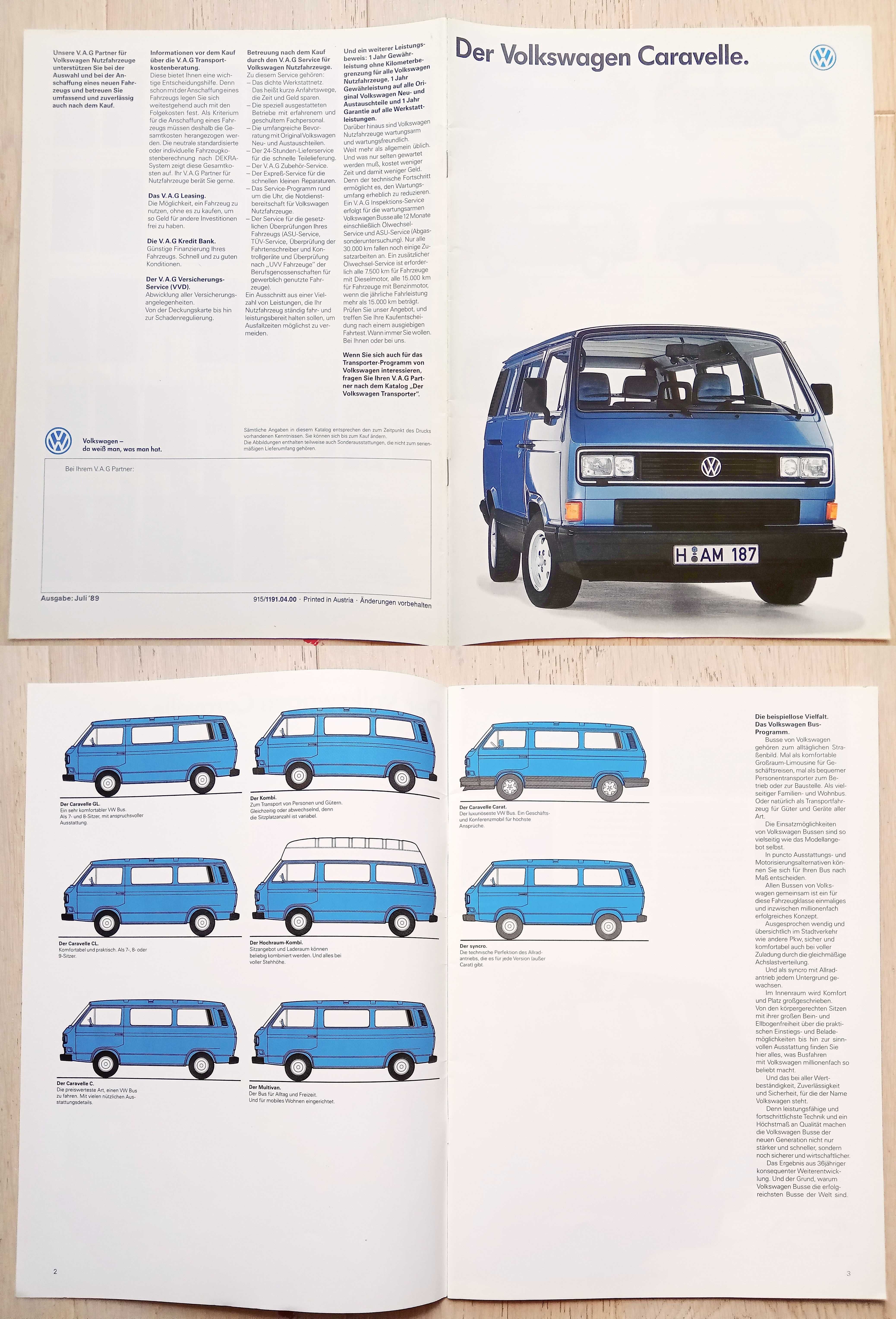 Volkswagen T3 '89 Caravelle Carat Multivan Syncro prospekt 28 str. BDB