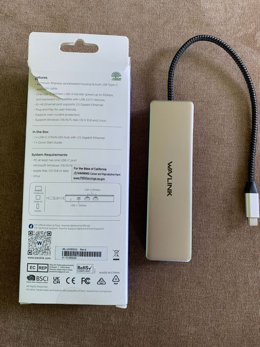 Адаптер WAVLINK USB-C 3 порти 10 Гбіт/с хаб концентратор