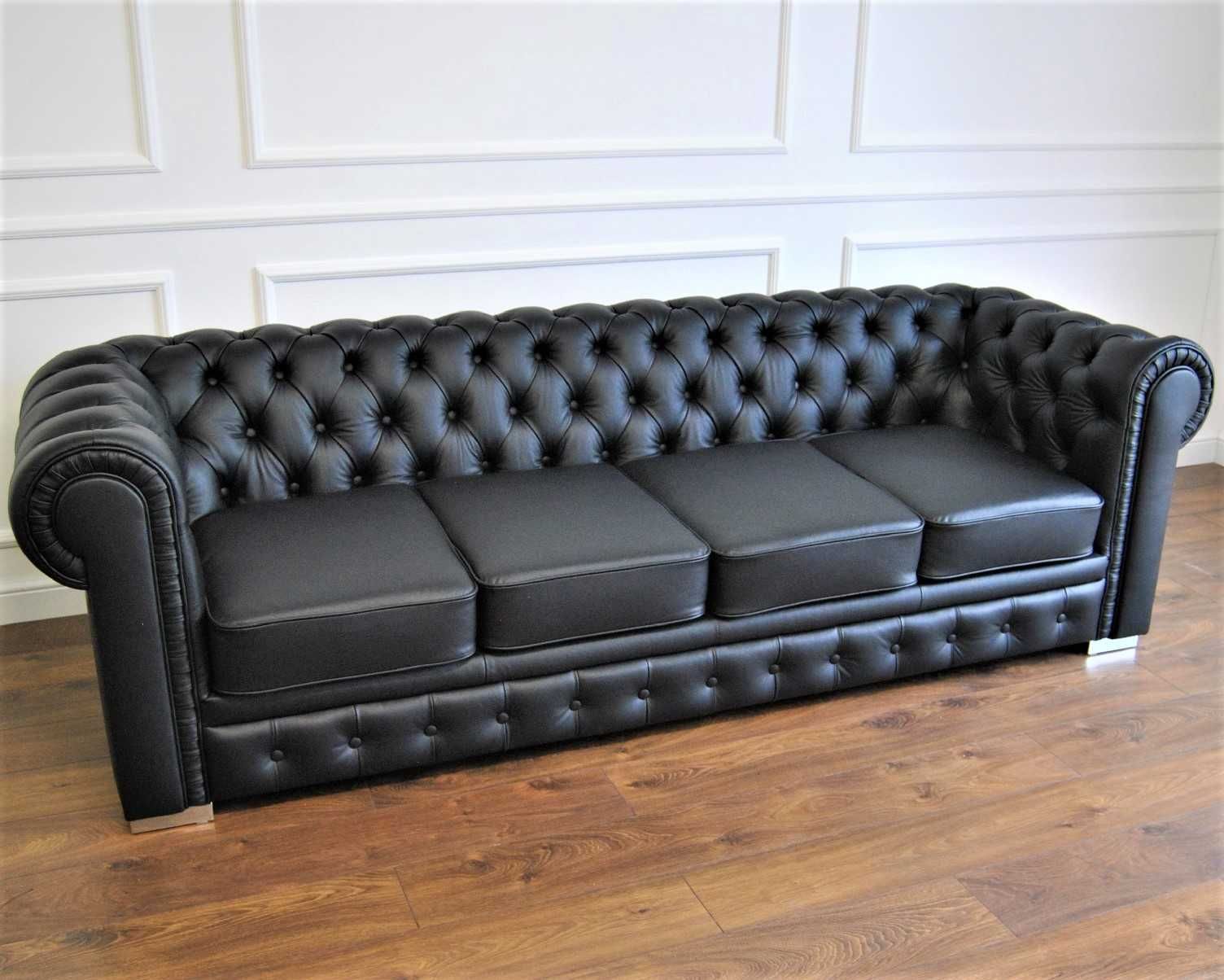 Pikowana sofa chesterfield skórzana 4-osobowa skóra naturalna czarna