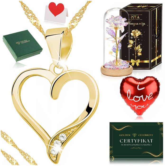 Złoty Naszyjnik Damski Serce Pr. 925 + Róża Wieczna Led + Balon + Dedy