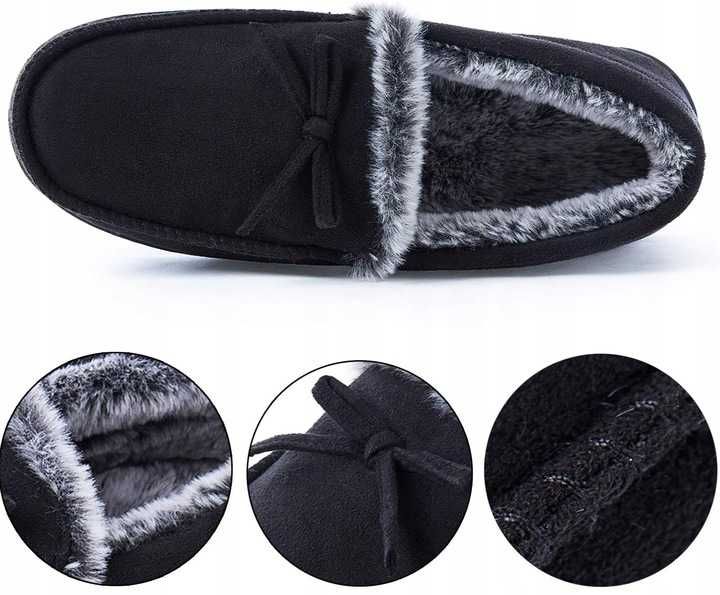 Buty MOKASYNY pluszowe męskie Z FUTERKIEM czarne WKŁADANE r 43