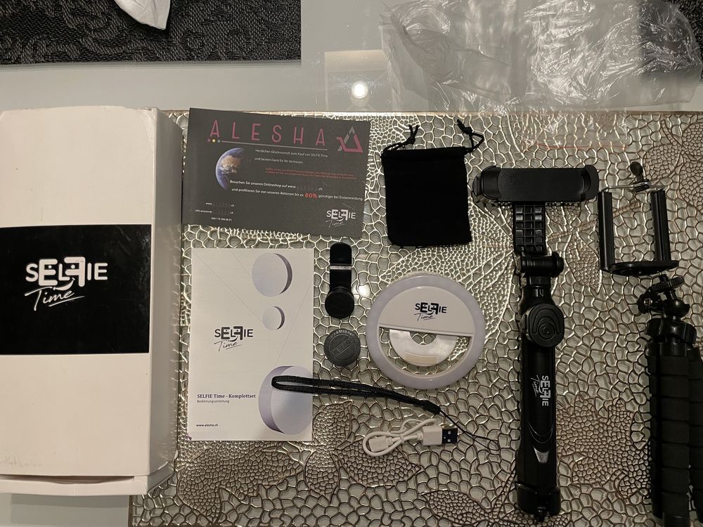 Zestaw do sefle bluetooth kijek obiektywy statyw lampka pier zestaw