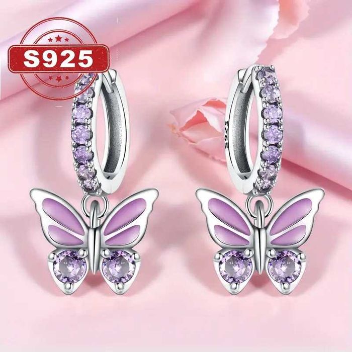 Сережки с фиолетовыми бабочками из серебра 925 пробы