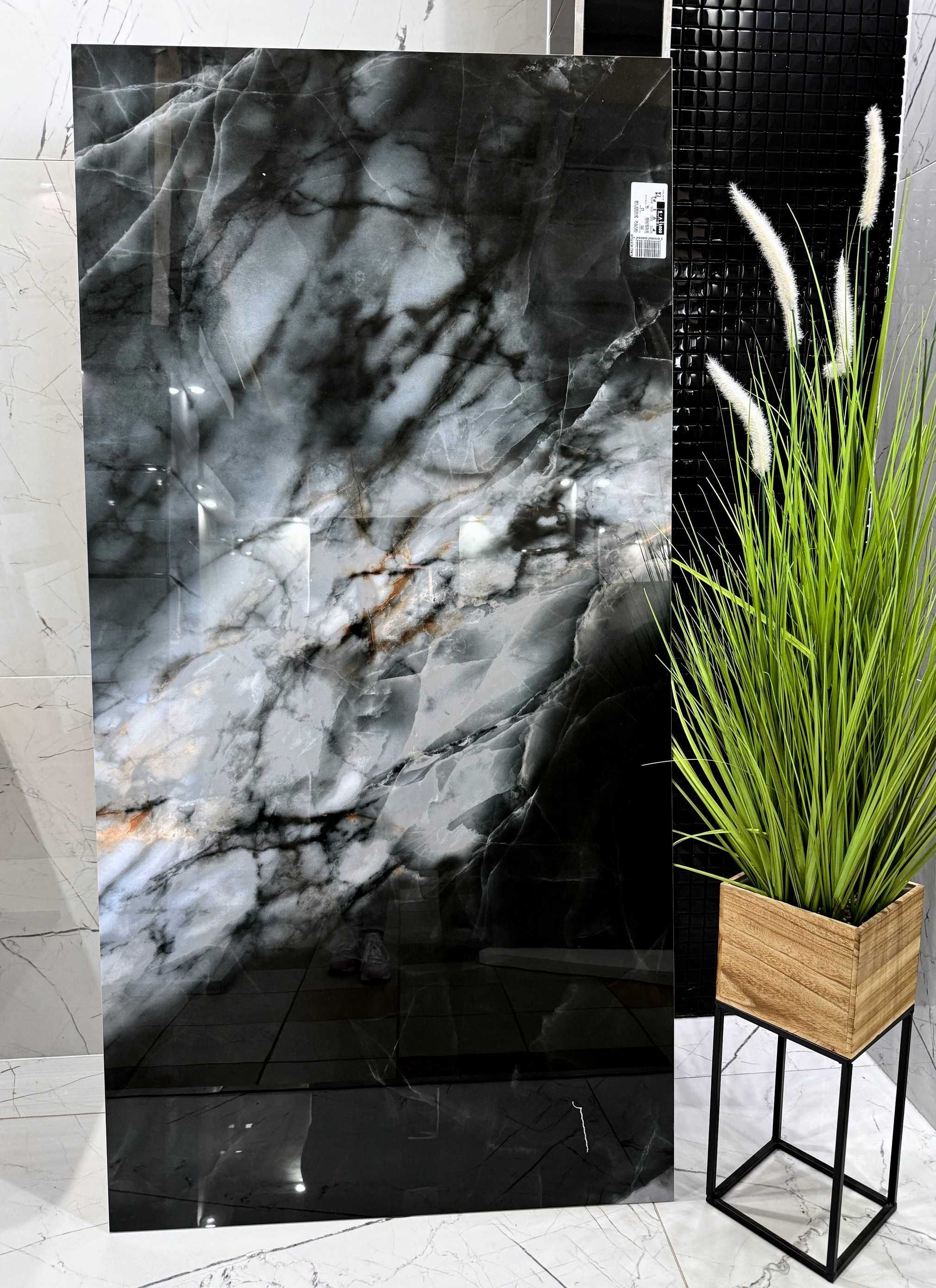 DUŻE czarne polerowane płyty marmuropodobne ZŁOTO 160x80 Wysoki Połysk