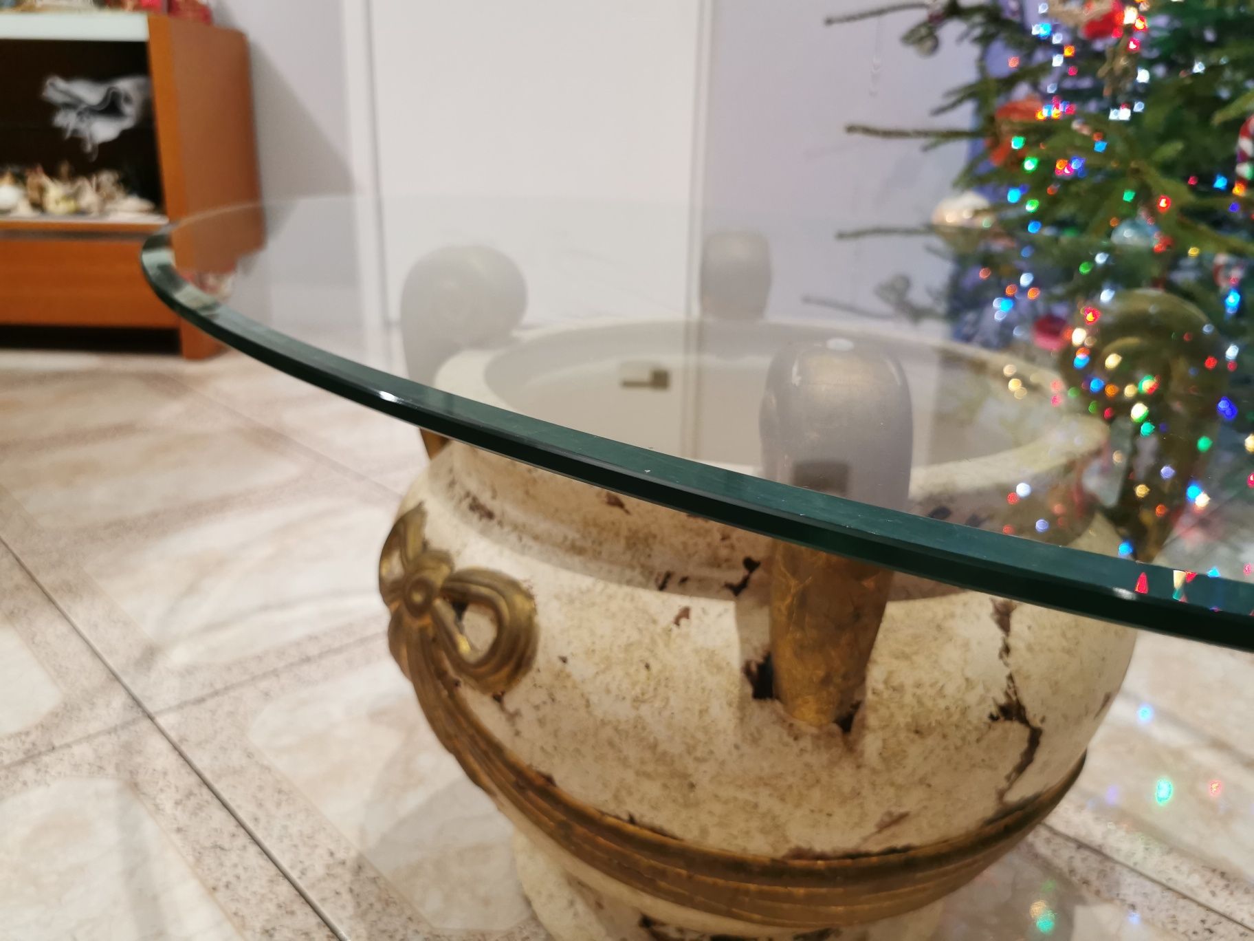Stół stolik kawowy szklany z szybą owalną na postumencie ława