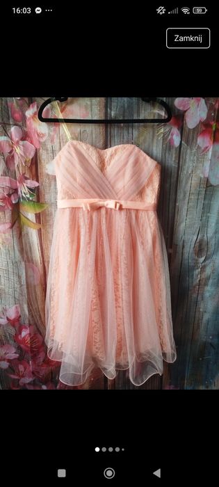 Pastelowa koronkowa sukienka koktajlowa M/L elegancka, jak nowa wesele