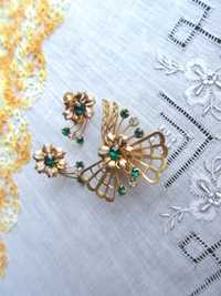 Stara biżuteria komplet biżuteri  zielona broszka klipsy