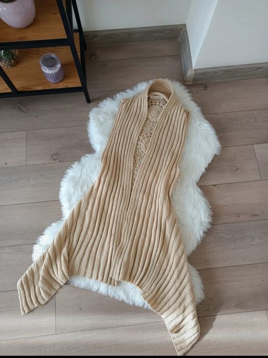 Kamizelka narzutka kardigan z wełną ażurowe plecy retro vintage M-XL