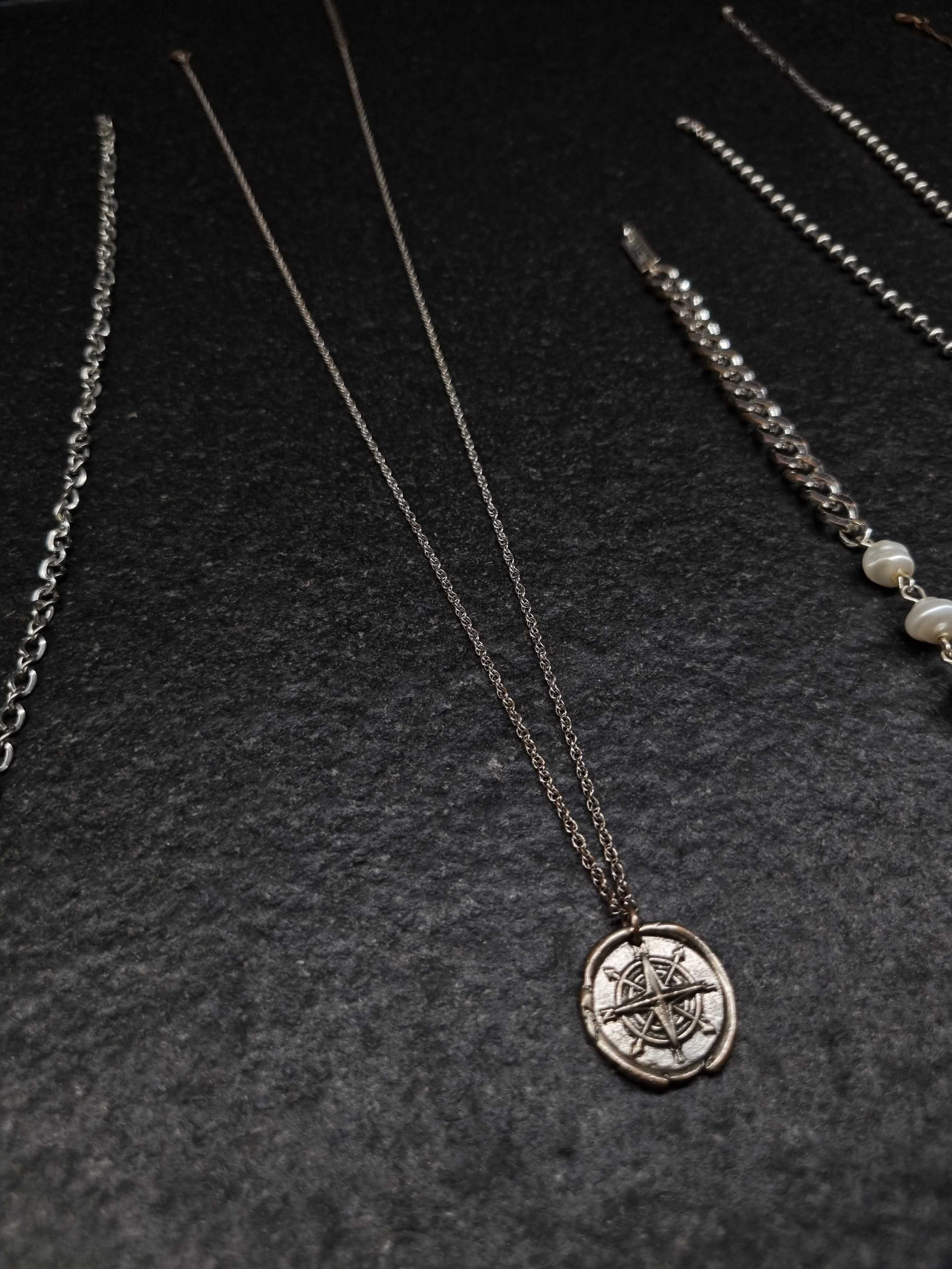 Naszyjnik 2 Łańcuszek Łańcuch Chain Sygnet Symbol Znak Kompas Srebrny