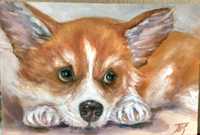картина масло холст 20х30 портрет собаки корги, собачка, щенок.