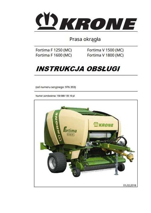 Instrukcja obsługi Prasy Krone Fortima F 1250, F 1600, V 1500, V 1800