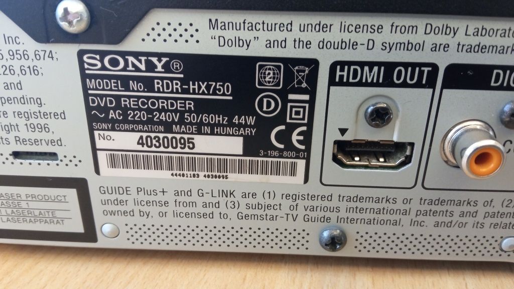 Sony nagrywarka Rekorder DVD HDD RDR-HX750 HDMI