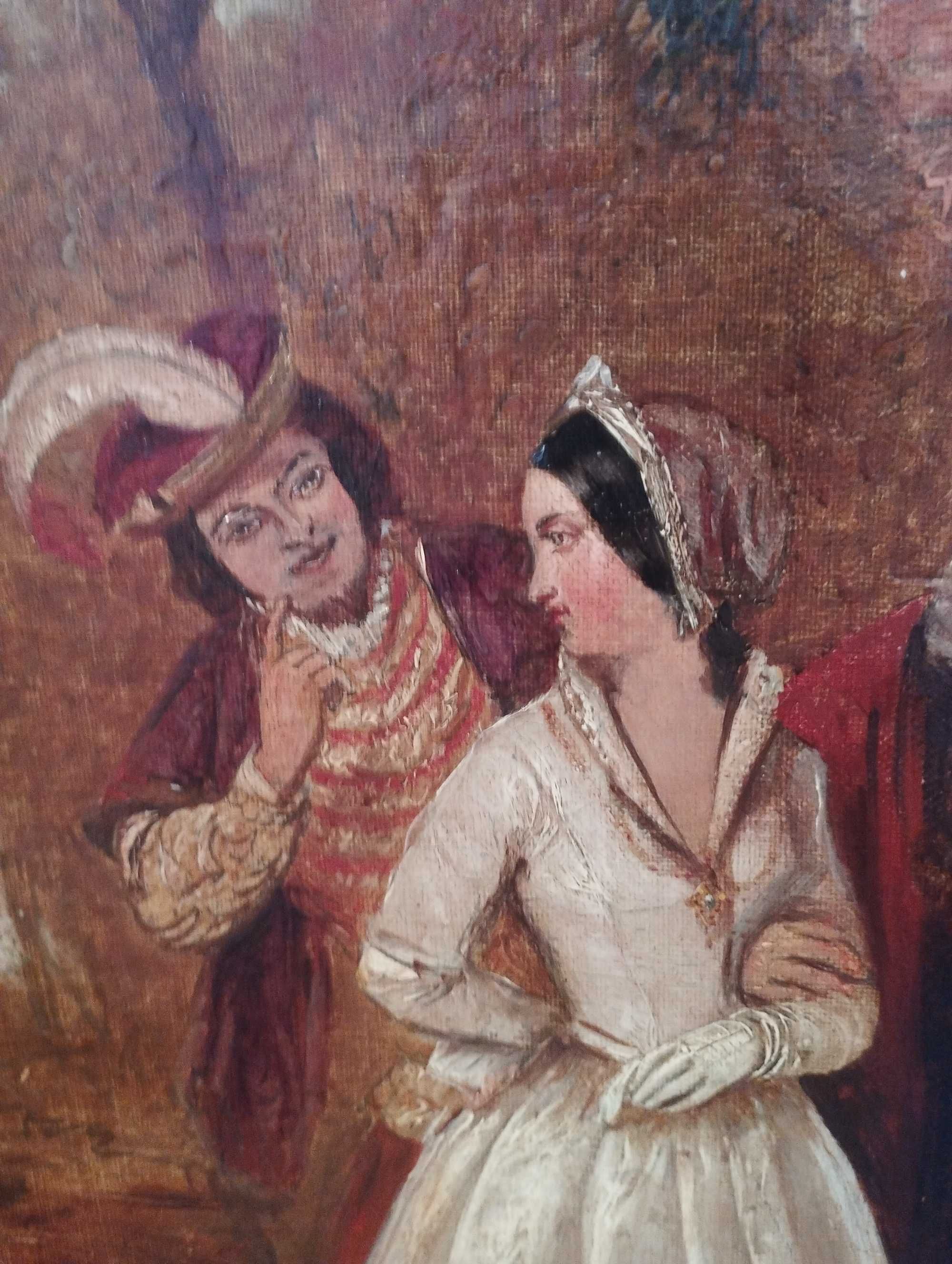 Quadro a óleo  cena romântica  de sedução  do século XVI