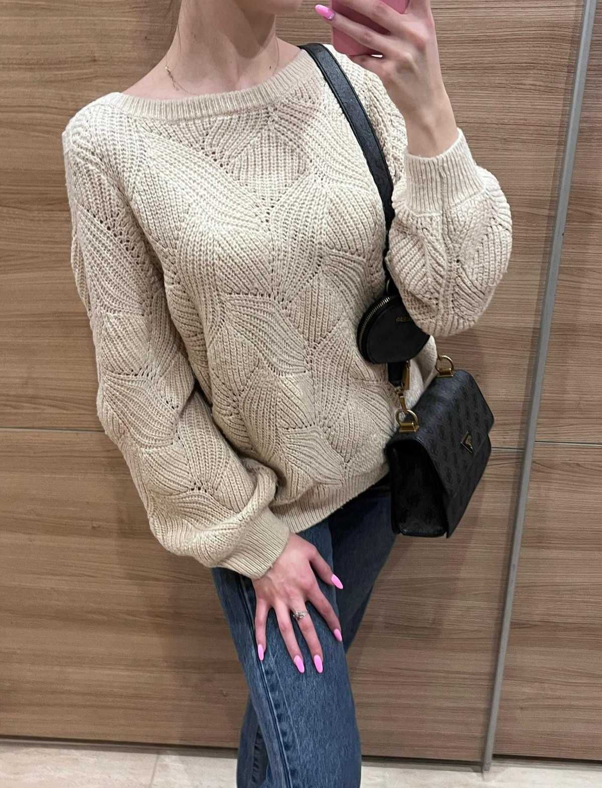 Sweter oversize warkocze ażurowy kobiecy beżowy różowy L XL nietoperz