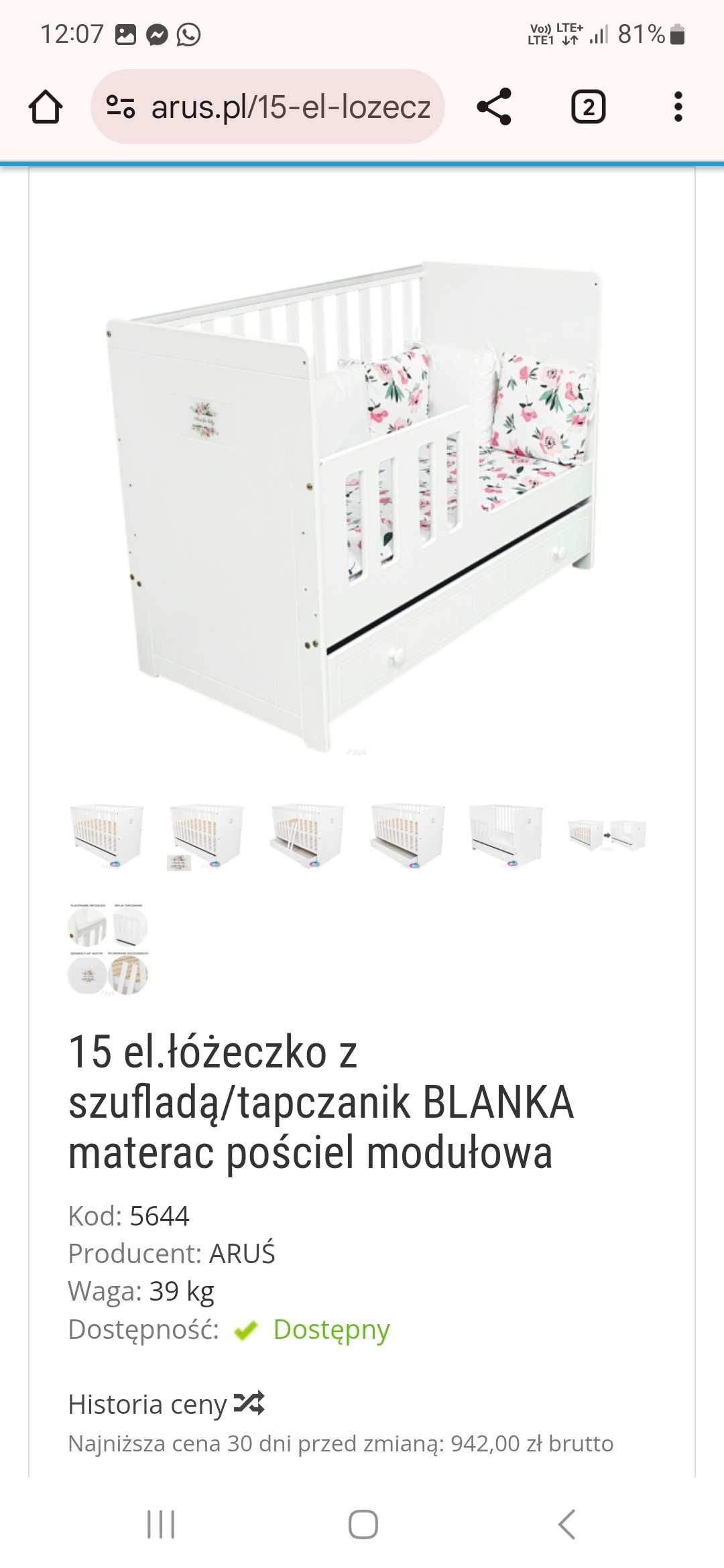 Solidne łózeczko  z szufladą sosnowe
