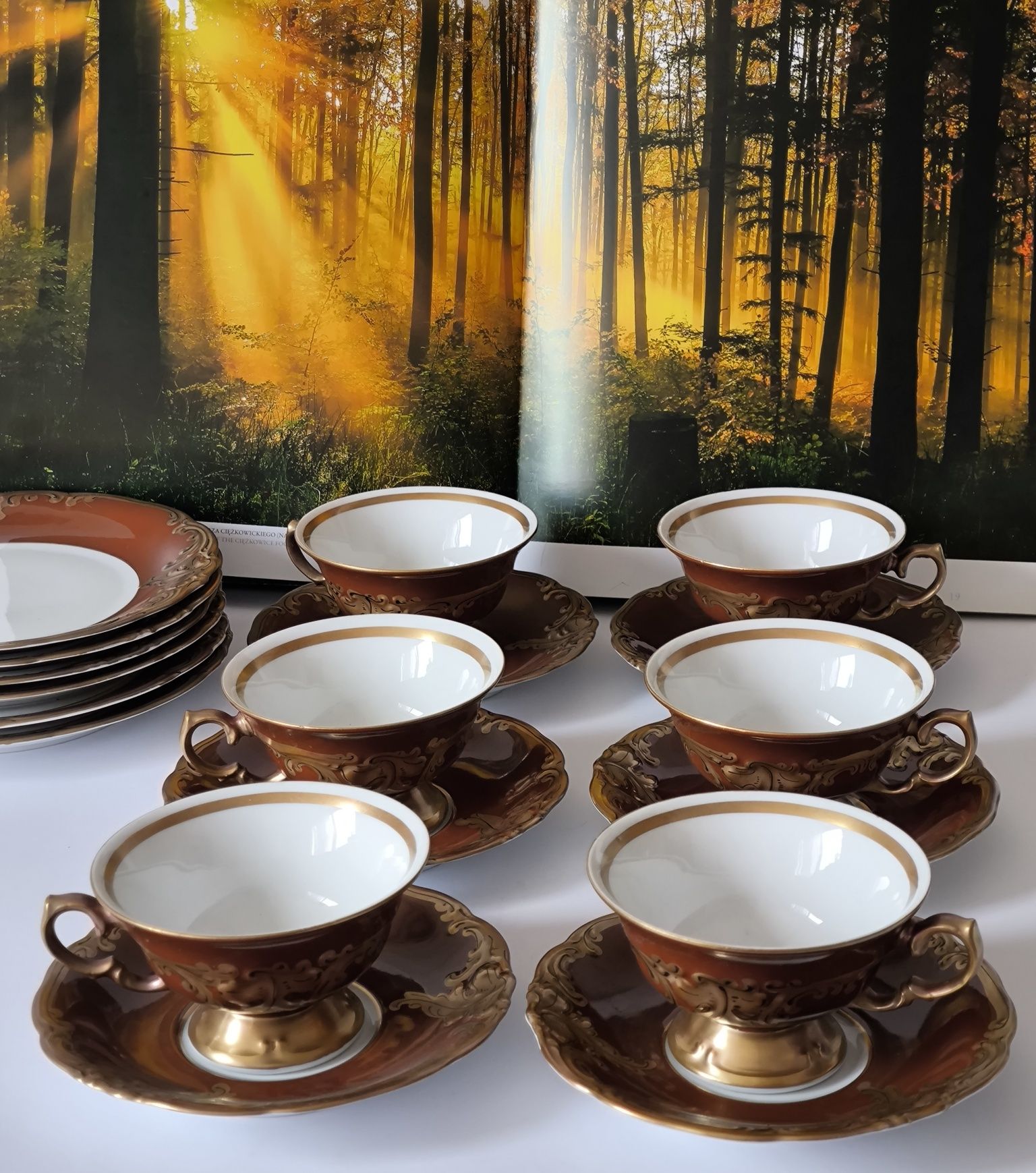 Serwis do kawy złoty liść Fryderyka Wawel piękna stara porcelana
