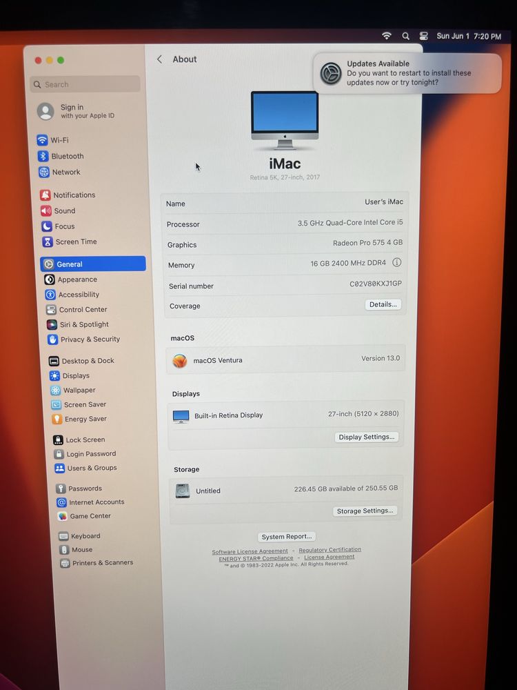 Imac 27 2017 i5 16gb 3.5GHz 256ssd