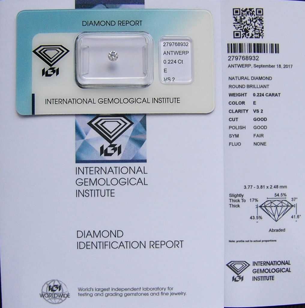 BRYLANT 0.224 ct VS2 E 3,81 mm Certyfikat IGI Diament