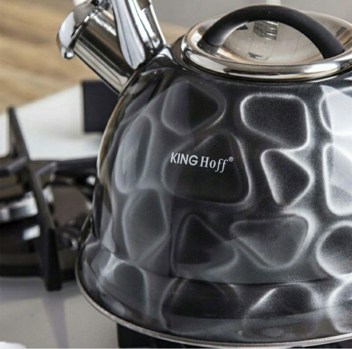 Nowy czarny tradycyjny stalowy czajnik Kinghoff 2.7 L.wzór skorupy żół