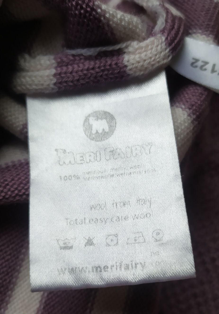 Sweter 100% merino od Meri Fairy, 116/122, pudrowy róż i białe paski