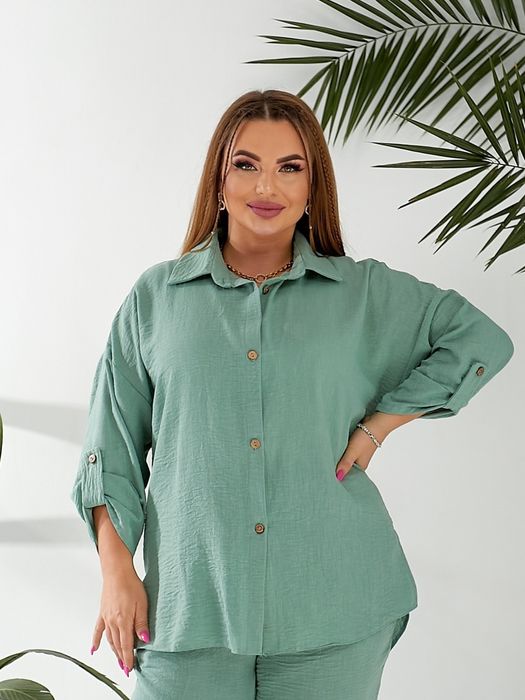 Лляний костюм двійка сорочка вільного крою штани висока талія