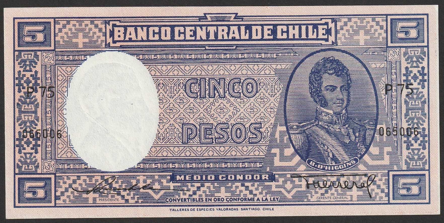 Chile 5 pesos 1947-58 - stan bankowy UNC