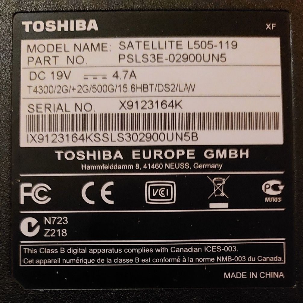 Toshiba Satellite L505-119 /Intel Core Duo !Uszkodzona Grafika