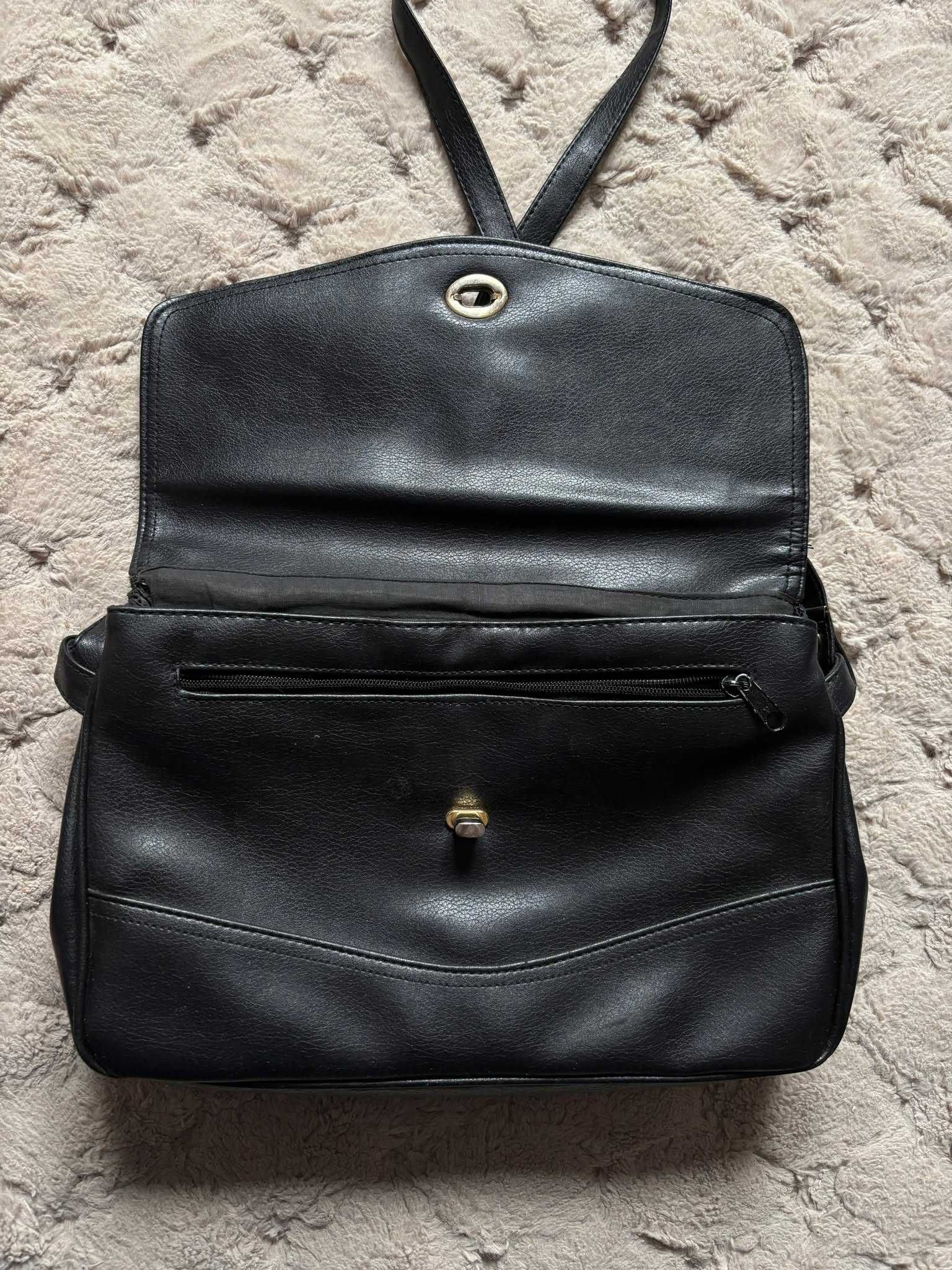 Czarna elegancka skórzana torba torebka na ramię vintage listonoszka