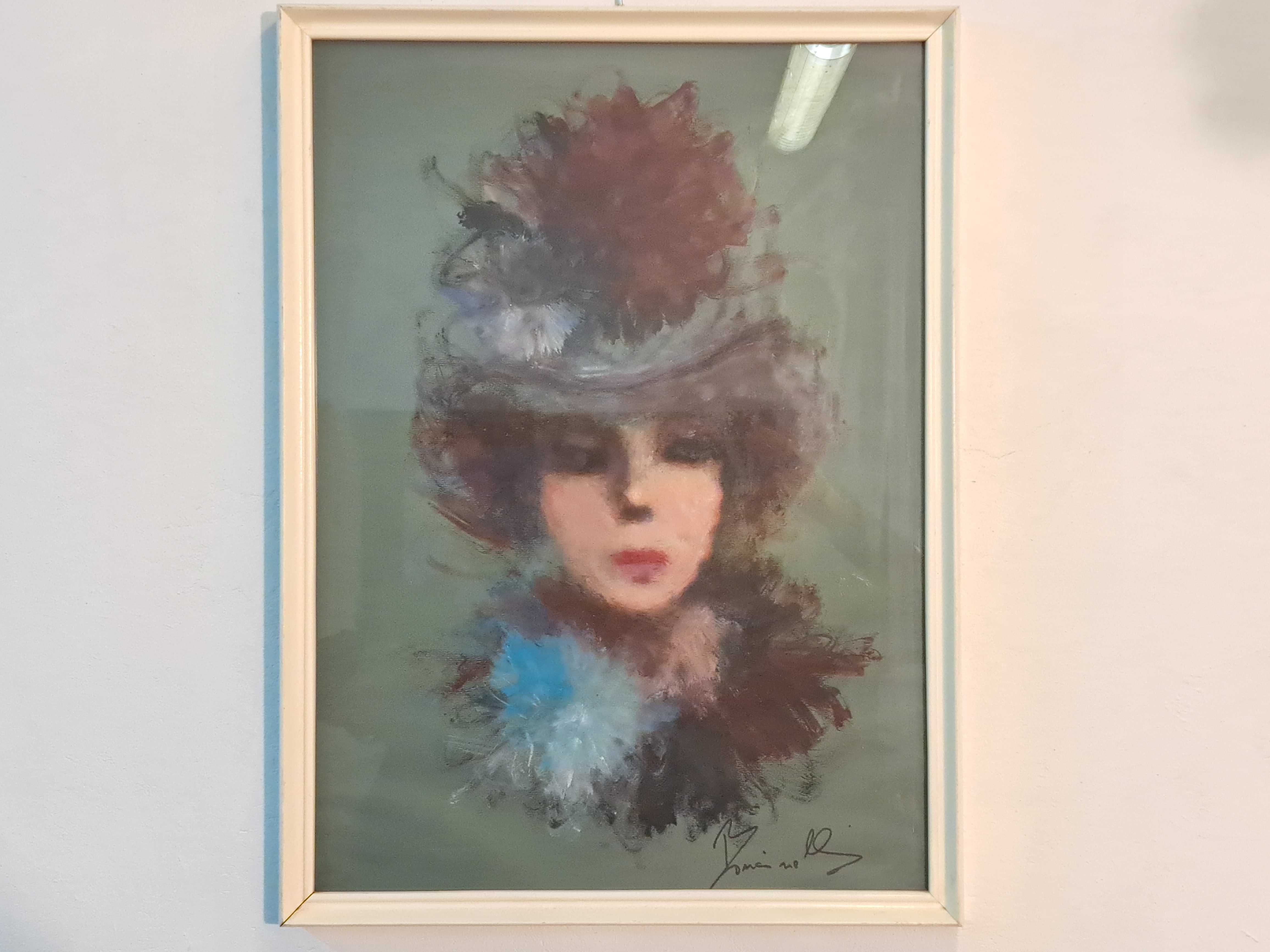 Obraz kobieta w kapeluszu portret pastele biała rama za szkłem