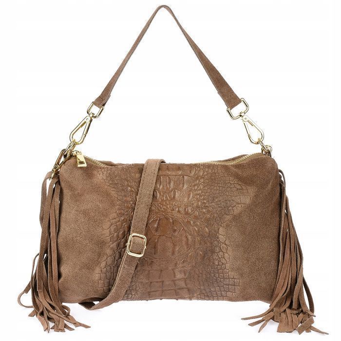 Damska włoska skórzana torebka croco frędzel pasek stylowa casual nowa