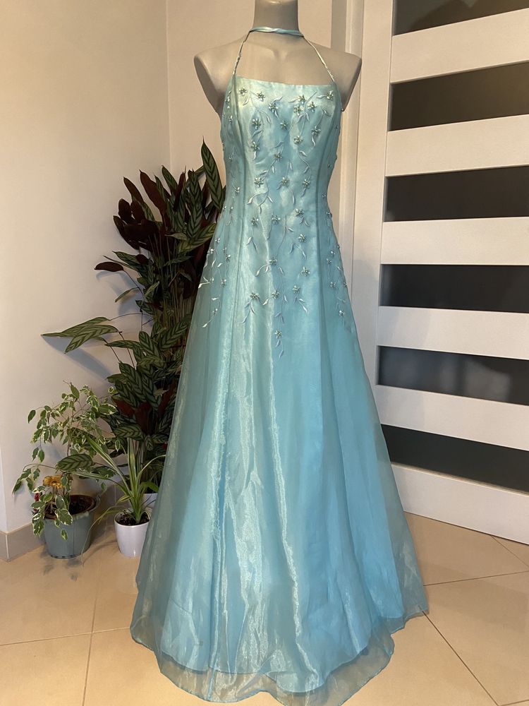 Piękna błękitno turkusowa suknia długa na studniówkę karnawał ślub
