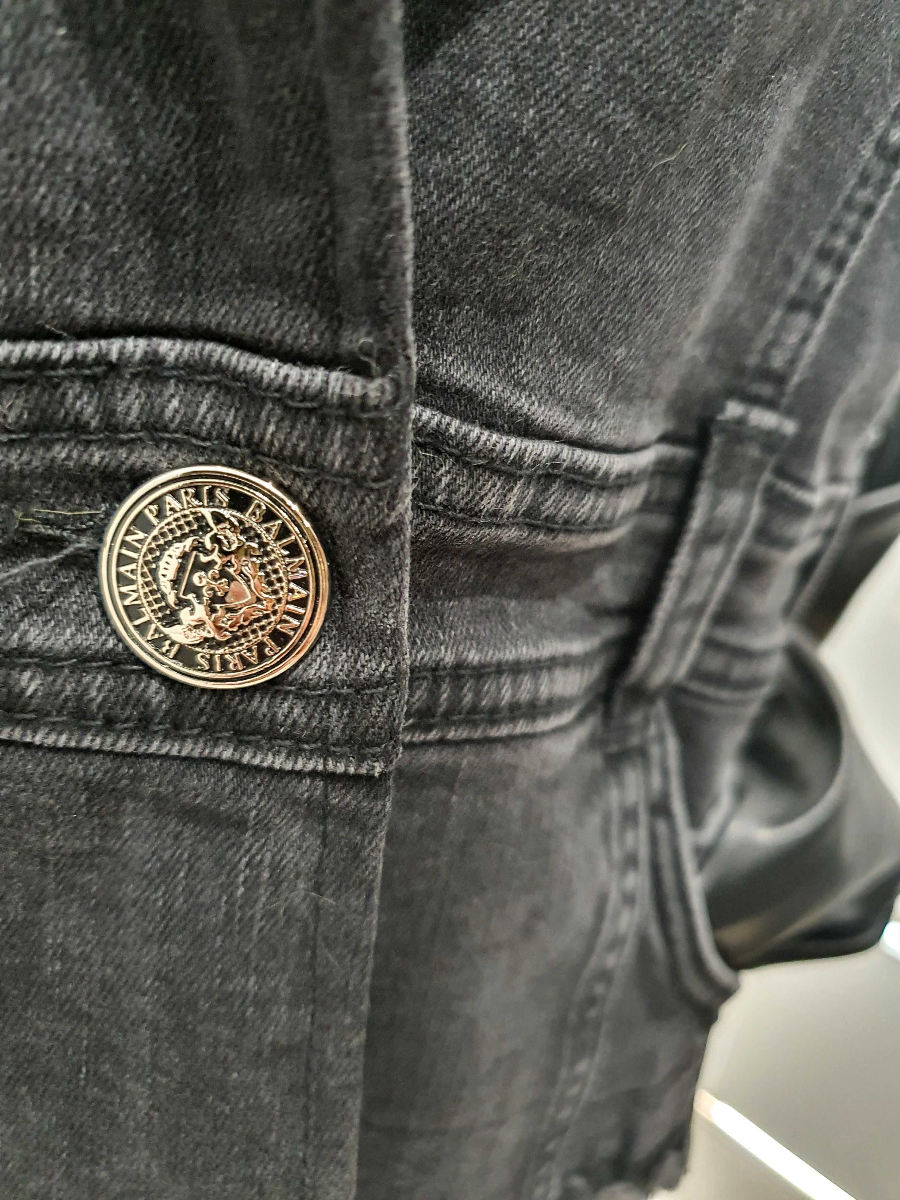 Kurtka, marynarka jeans, skóra czarna logo Balmain