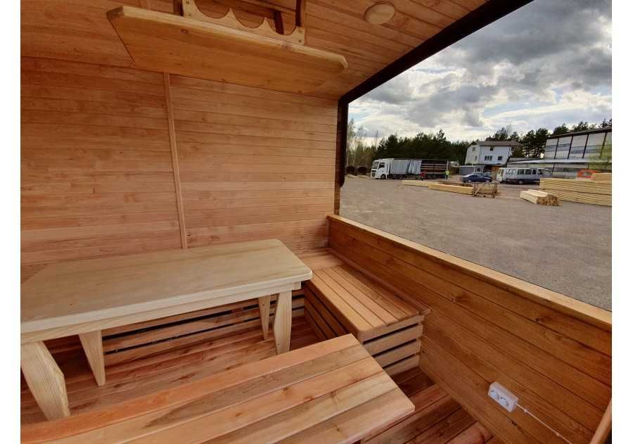 Sauna ogrodowa drewniana PING 5,0x2,4m beczka, ruska bania, fińska
