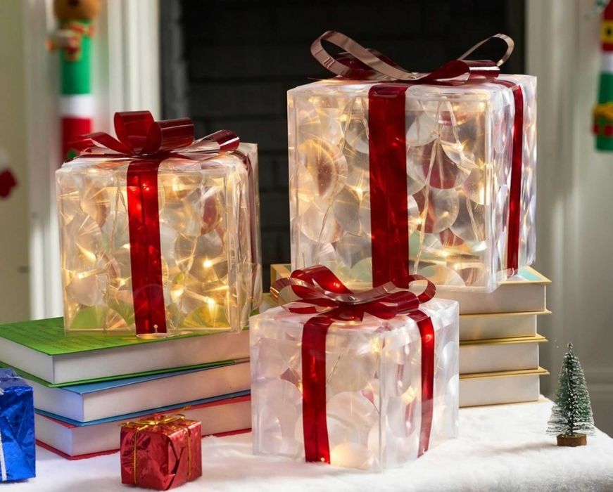 Świąteczne pudełka LED pod choinke -
zestaw 3 dekoracyjnych prezentów