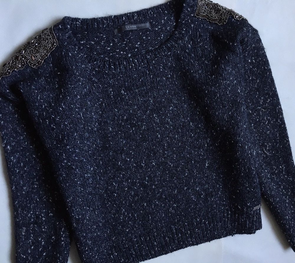 Guess sweter granatowo-srebrny regular L XL 40/42 wełna pagony oversiz