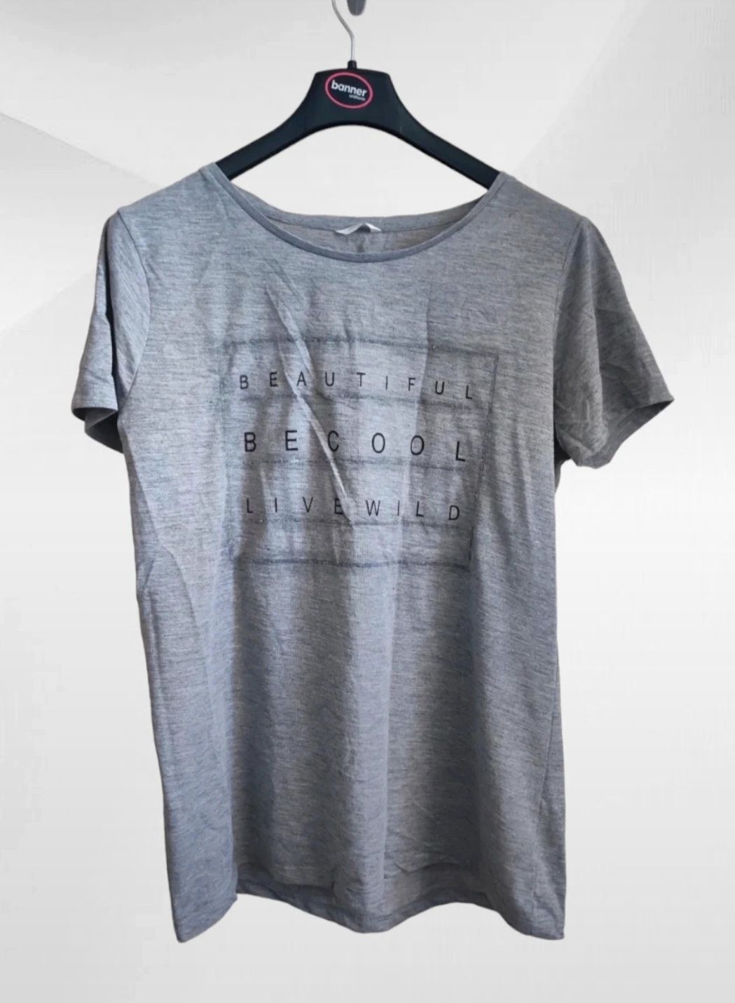 Szary T-shirt Damski Czarny Nadruk Cekiny XL