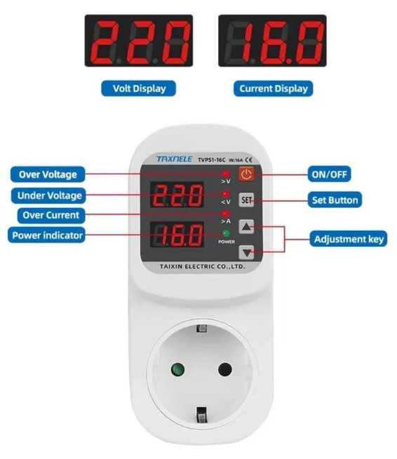 Захисне реле напруги, реле напряжения в розетку TOMZN з дисплеєм.