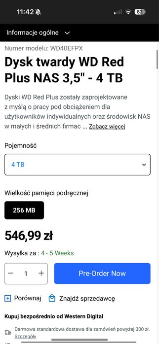 Dysk wewnętrzny WD Red Plus 4TB nowy okazja!