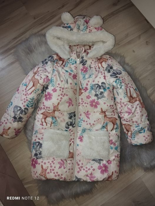 Kurtka gruba zimowa ocieplana uszy miś kieszenie płaszcz długi ociepla