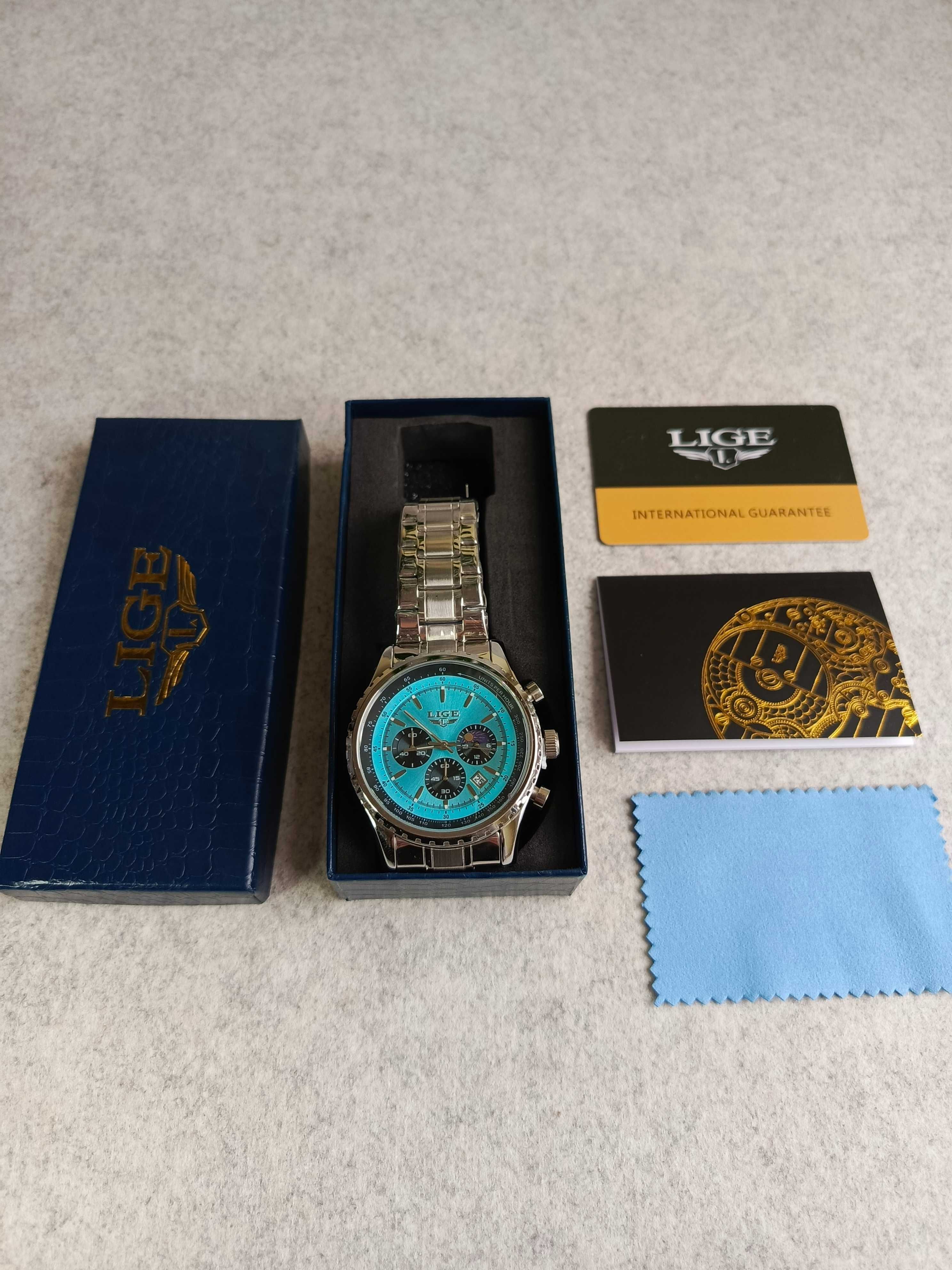Zegarek męski bransoleta, chronograf błękitny, wysoka jakość.